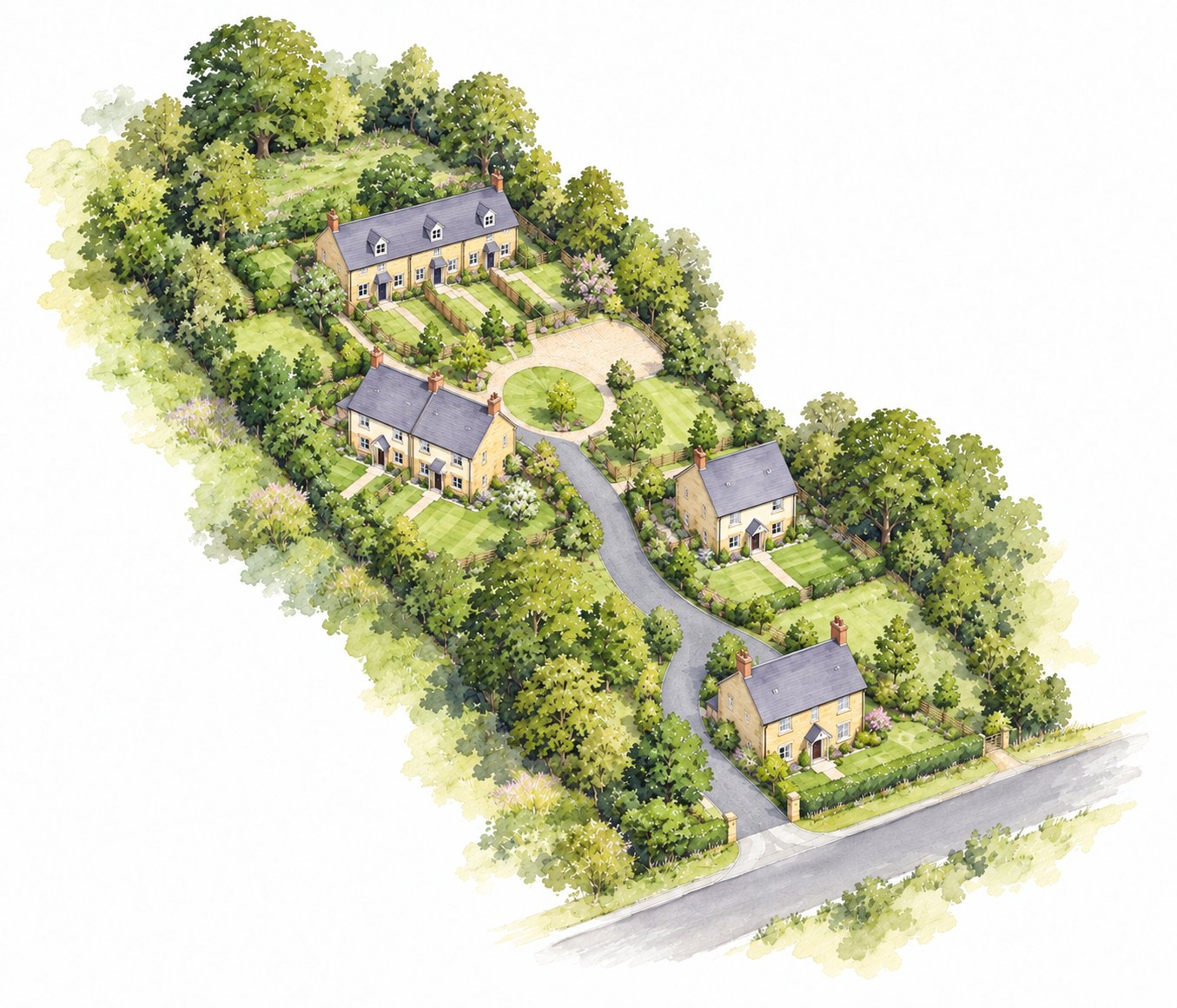 Watercolour artist's impression of a few new homes set among trees and gardens on a large plot